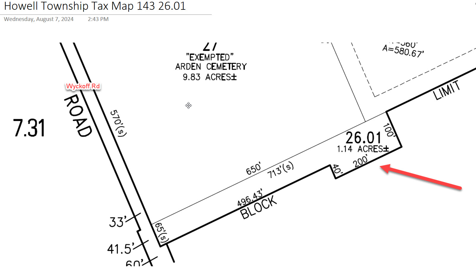 Tax map section showing the frontage and depth of the subject parcel