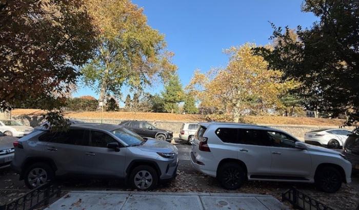 The view from street level out to the park from in front of the building
