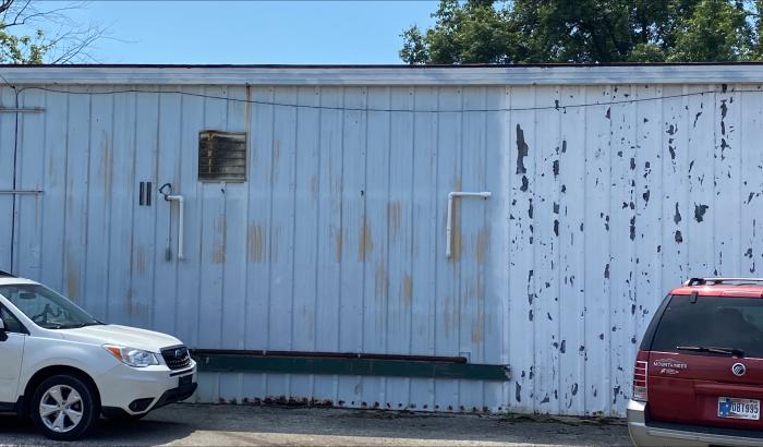 Back view of white garage